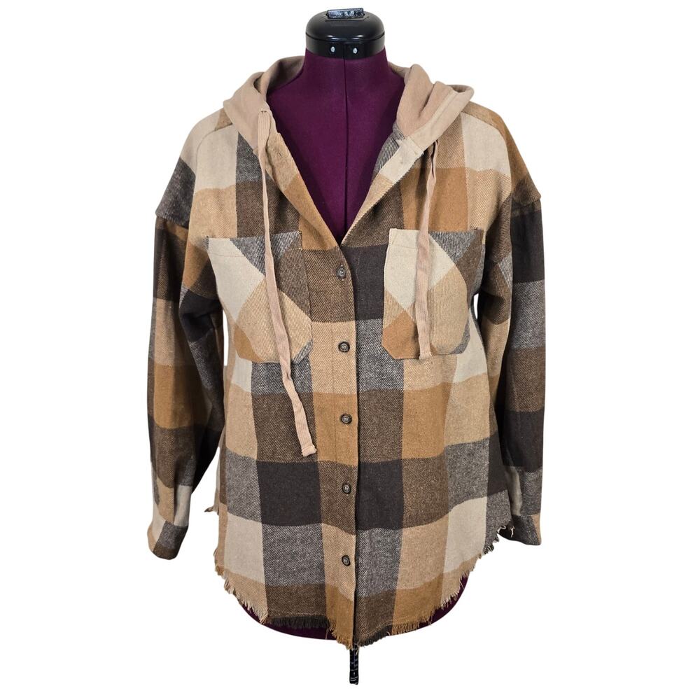 Women's New In Brown Plaid Flannel Hooded Shacket Jacket | Size Small